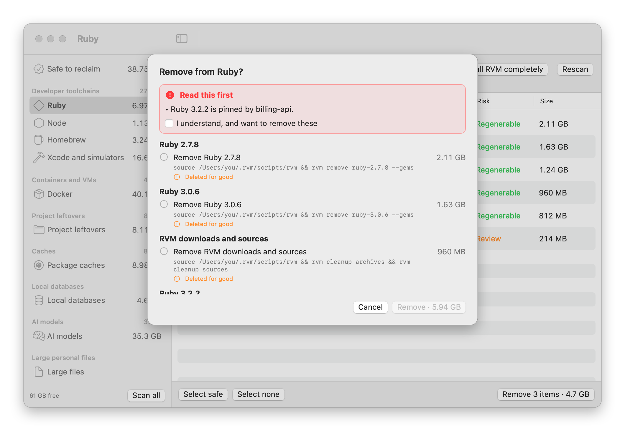 The confirmation sheet: a Read this first box saying Ruby 3.2.2 is pinned by billing-api, an I understand checkbox, and each command marked Deleted for good