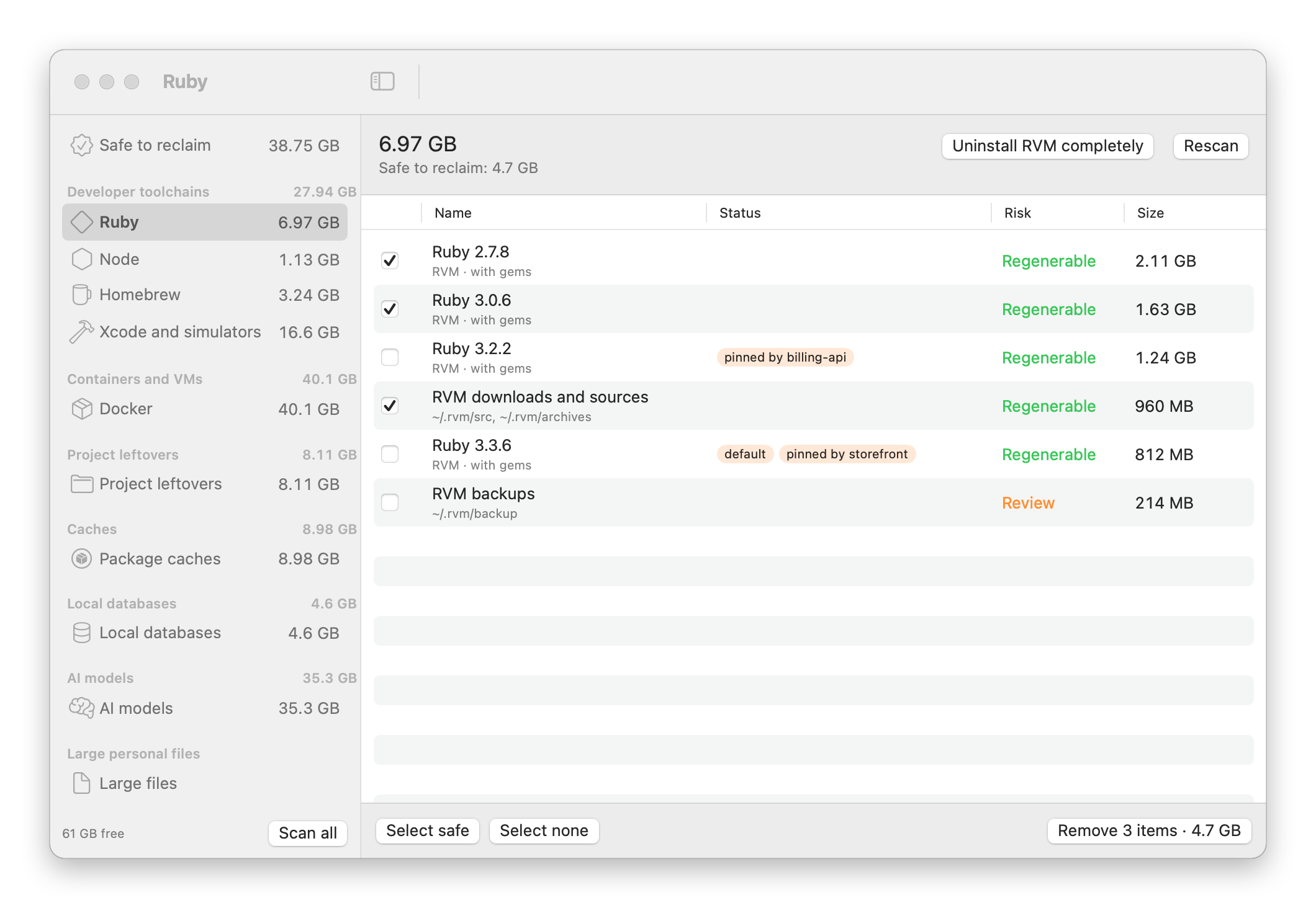 Ballast's main window listing Ruby versions, with the default and pinned versions marked and three old versions ticked for removal