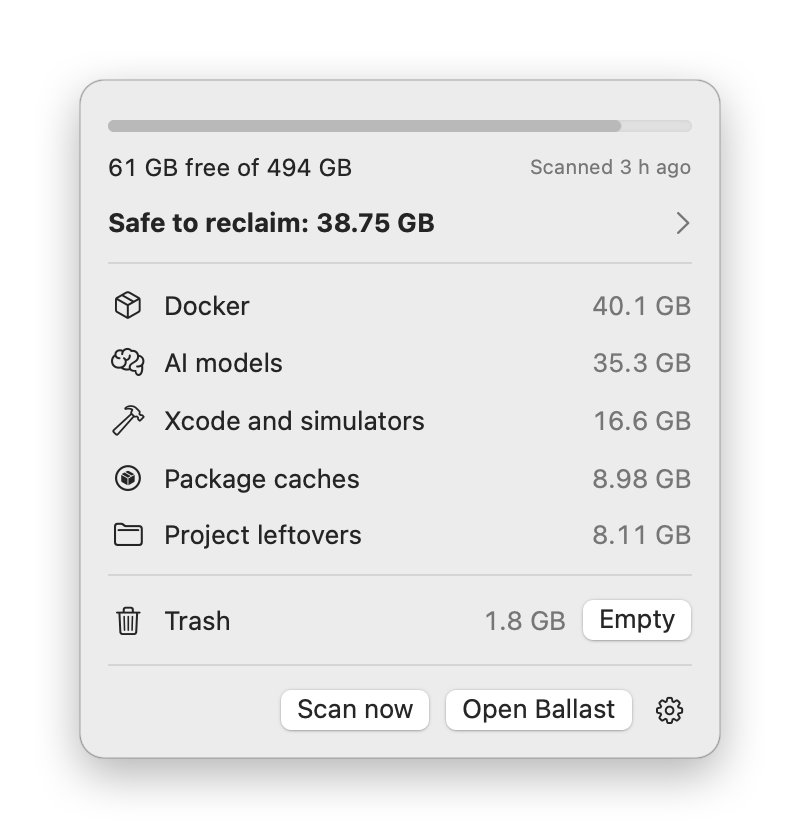 The Ballast menu: free space, what's safe to reclaim, the biggest concerns and the Trash