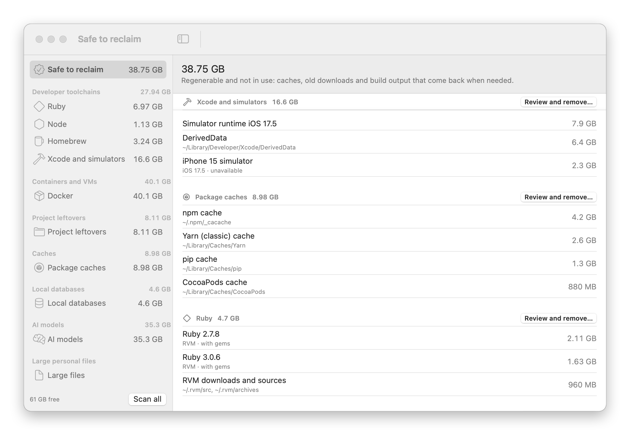 Safe to reclaim: 38.75 GB of simulator runtimes, package caches and old Ruby versions, grouped by tool, each group with a Review and remove button